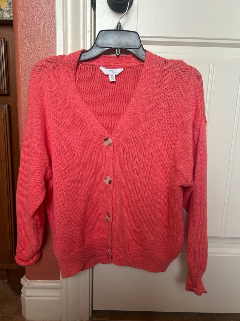 Time and Tru Coral Button-Front V-Neck Cardigan